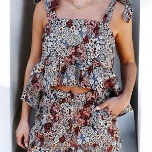 Moodie Floral Print Tank Top Tie Strap Sleeveless‎ Peplum Ruffle Large Jacquard